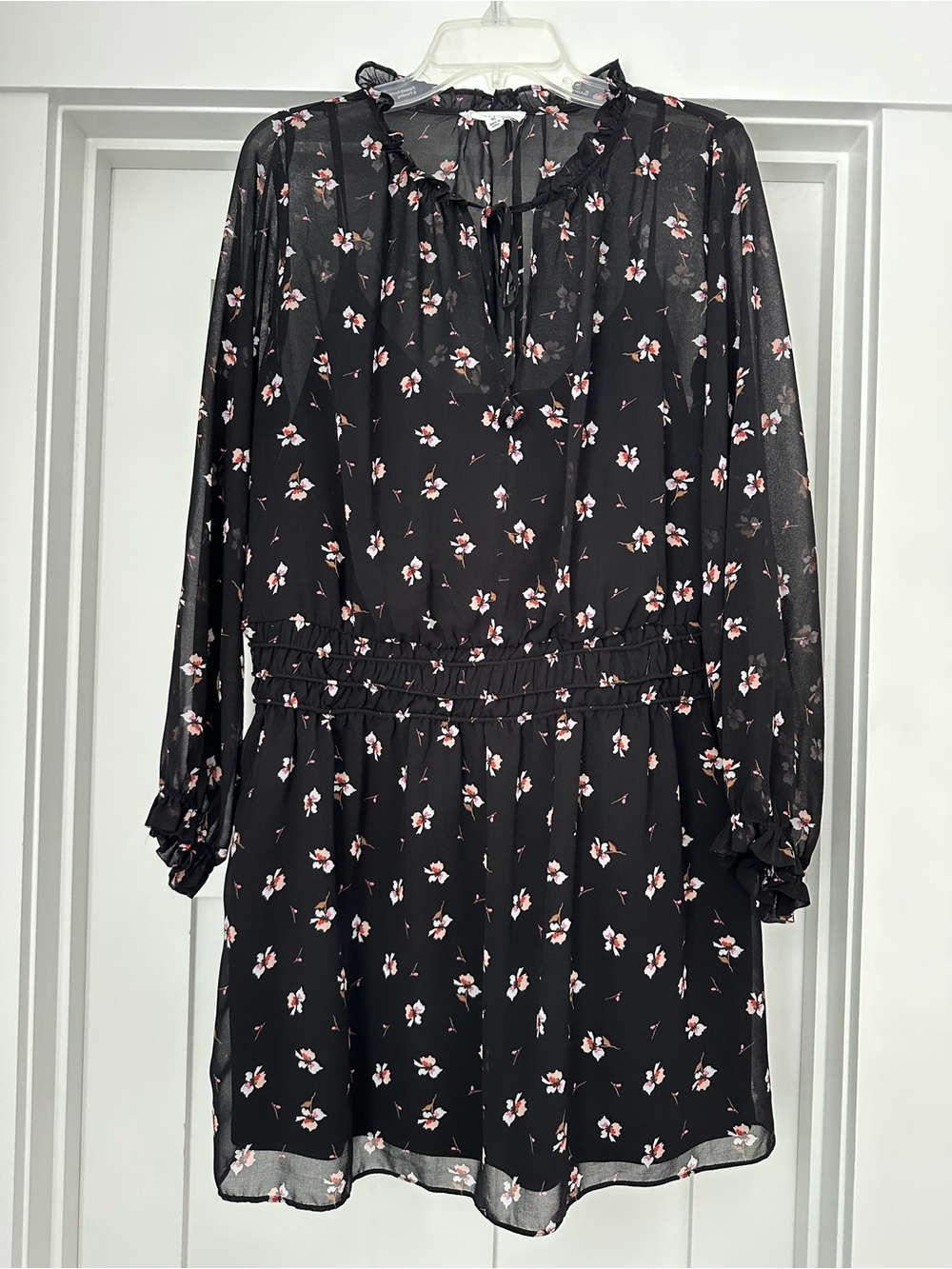Socialite Black Floral Long Sleeve Ruffled Tie Dress